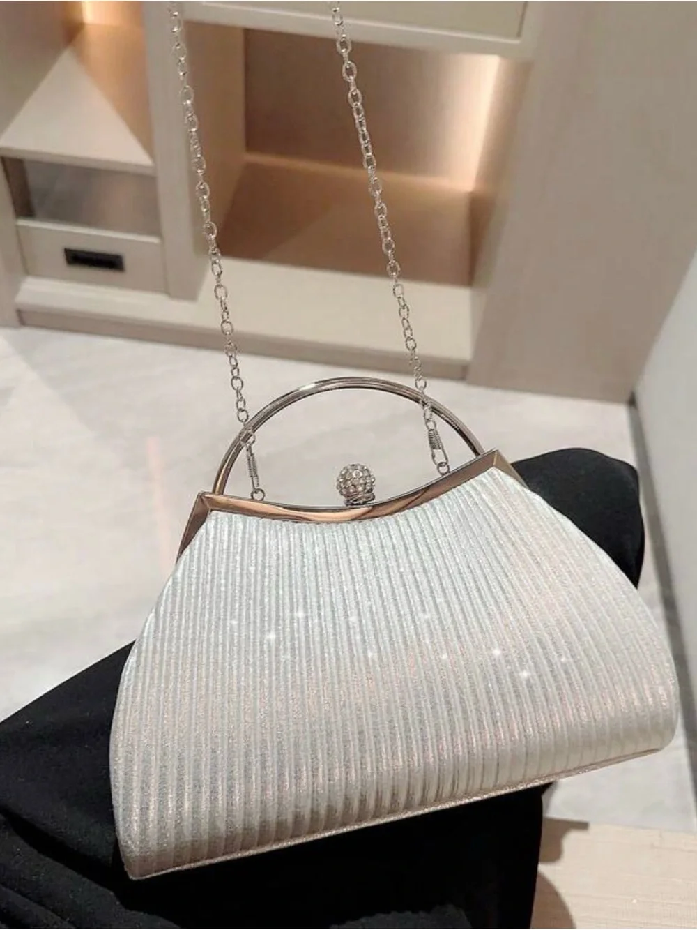 Elegant Ivory Pleated Evening Handbag with Crystal Button